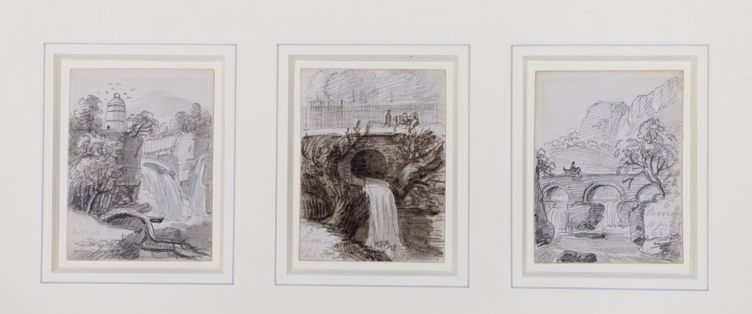 Paul Sandby R.A. (1721-1798), three pen, ink and pencil studies, River landscapes, all inscribed, one dated ‘66, Abbot & Holder label verso, individually 7.5 x 6cm